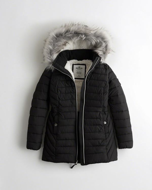 Parka Hollister Donna Sherpa-Lined Puffer Nere Italia (499TBCAD)